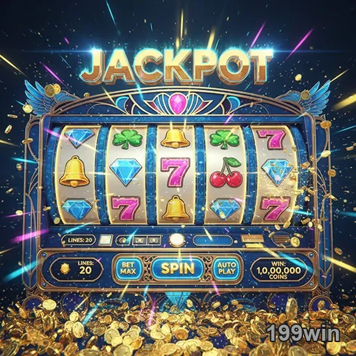 Imagem de uma máquina de slots do 199win, site de jogos de azar online, com símbolos coloridos na tela